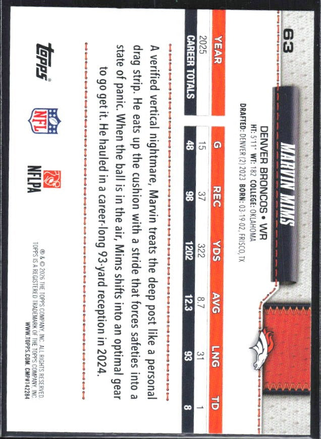 2026 Topps Flagship Football Marvin Mims #63 – baksida