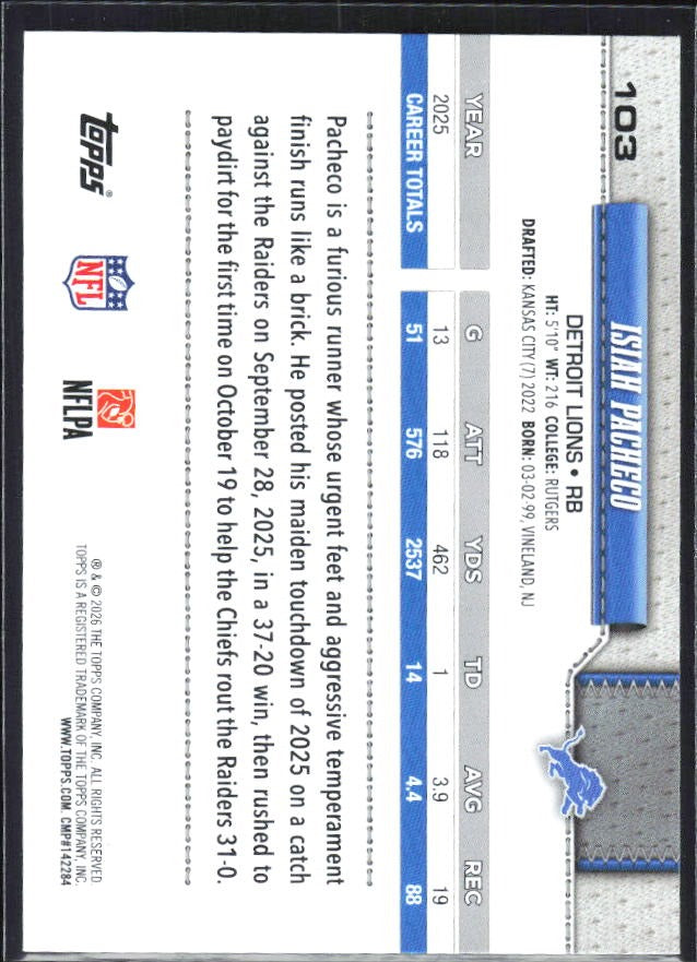 2026 Topps Flagship Football Isiah Pacheco #103 – baksida