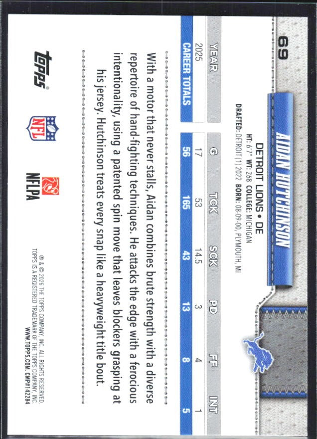 2026 Topps Flagship Football Aidan Hutchinson #69 – baksida