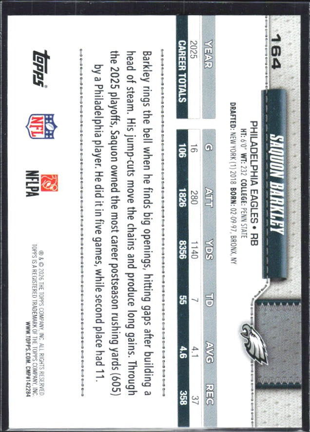 2026 Topps Flagship Football Saquon Barkley #164 – baksida