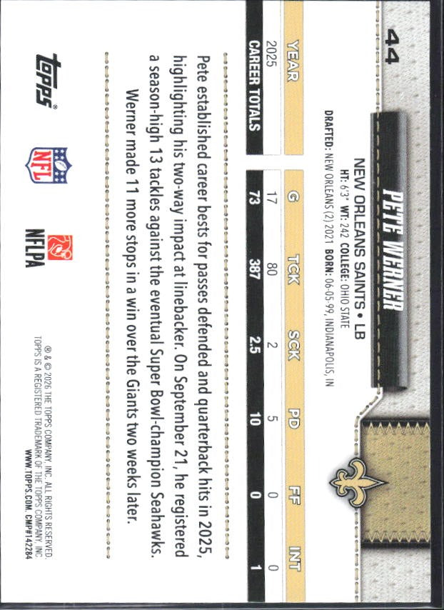 2026 Topps Flagship Football Pete Werner #44 – baksida