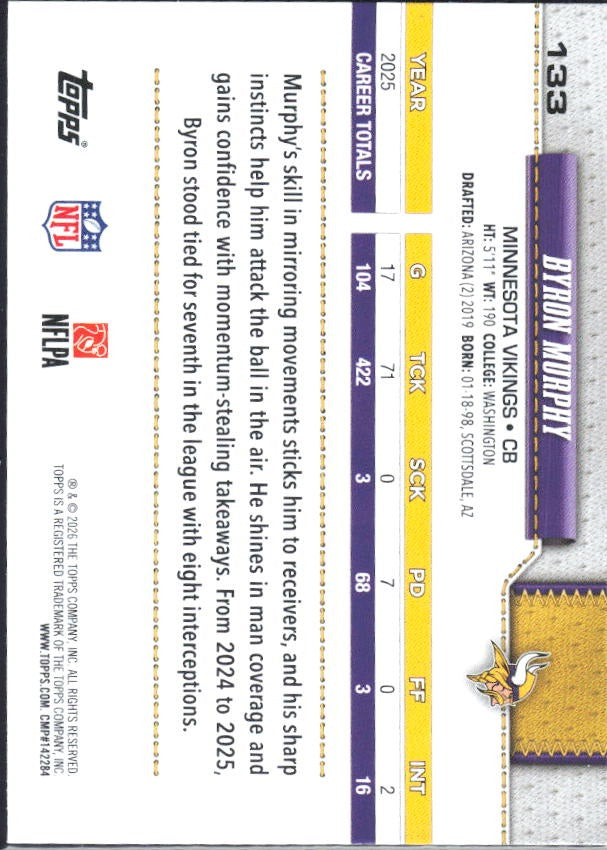 2026 Topps Flagship Football Byron Murphy #133 – baksida