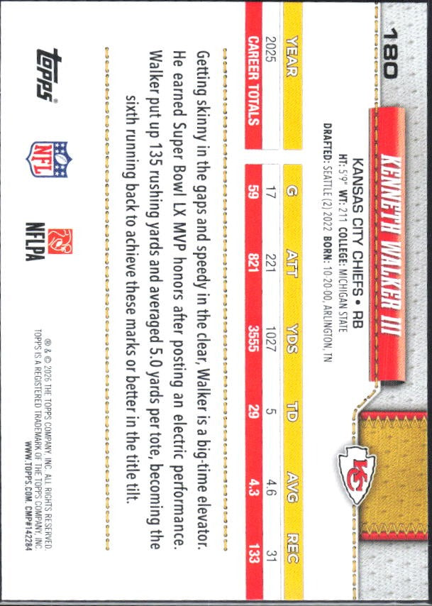 2026 Topps Flagship Football Kenneth Walker III #180 – baksida