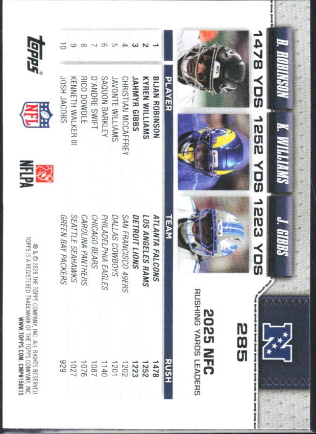 2026 Topps Flagship Football NFC Rushing Leaders (Bijan Robinson / Kyren Williams / Jahmyr Gibbs) #285 – baksida