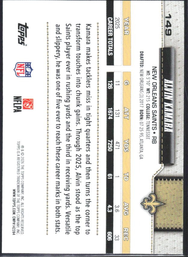 2026 Topps Flagship Football Alvin Kamara #149 – baksida