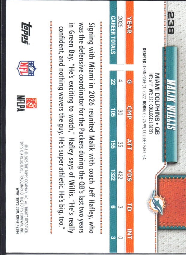 2026 Topps Flagship Football Malik Willis #238 – baksida