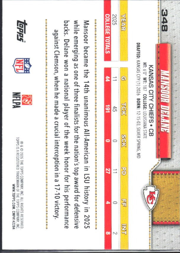 2026 Topps Flagship Football Mansoor Delane RC #348 – baksida