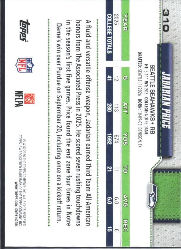 2026 Topps Flagship Football Jadarian Price RC #310 – baksida