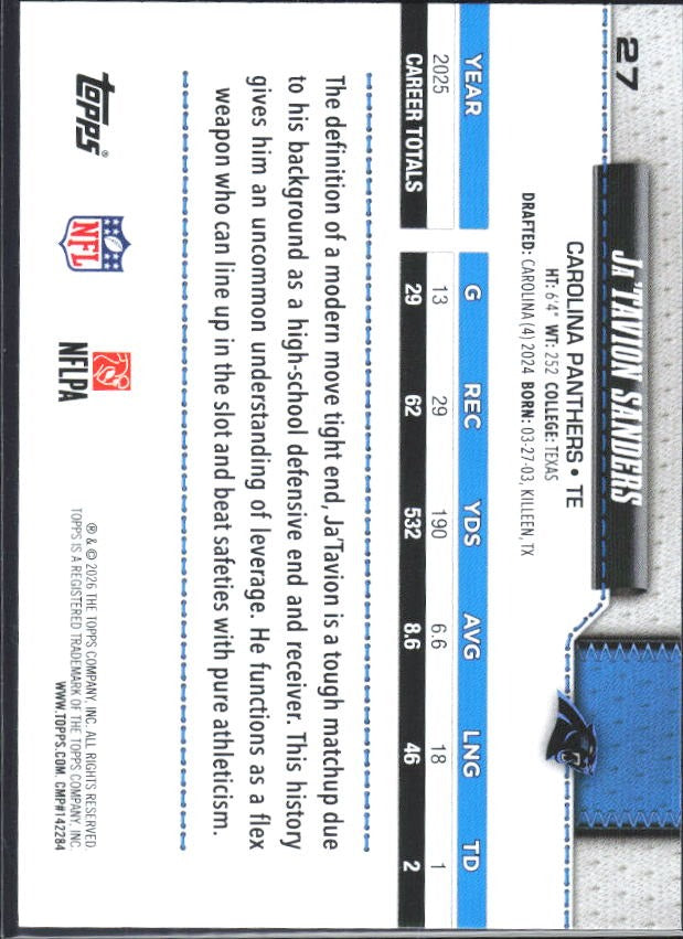 2026 Topps Flagship Football Ja’Tavion Sanders #27 – baksida