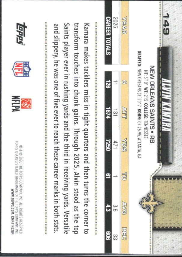 2026 Topps Flagship Football Alvin Kamara #149 – baksida
