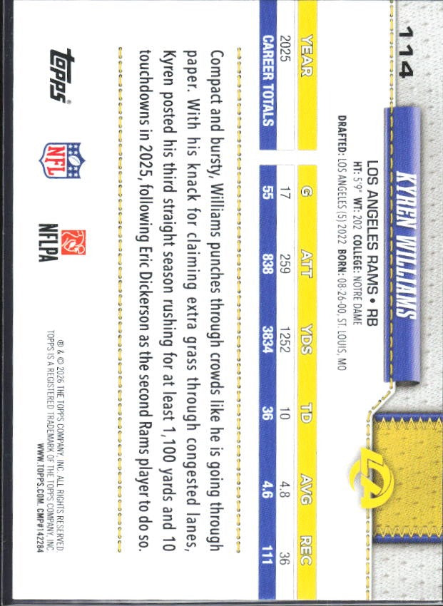 2026 Topps Flagship Football Kyren Williams #114 – baksida