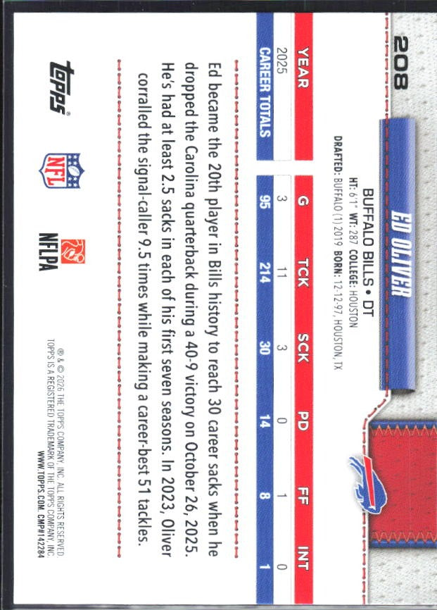 2026 Topps Flagship Football Ed Oliver #208 – baksida