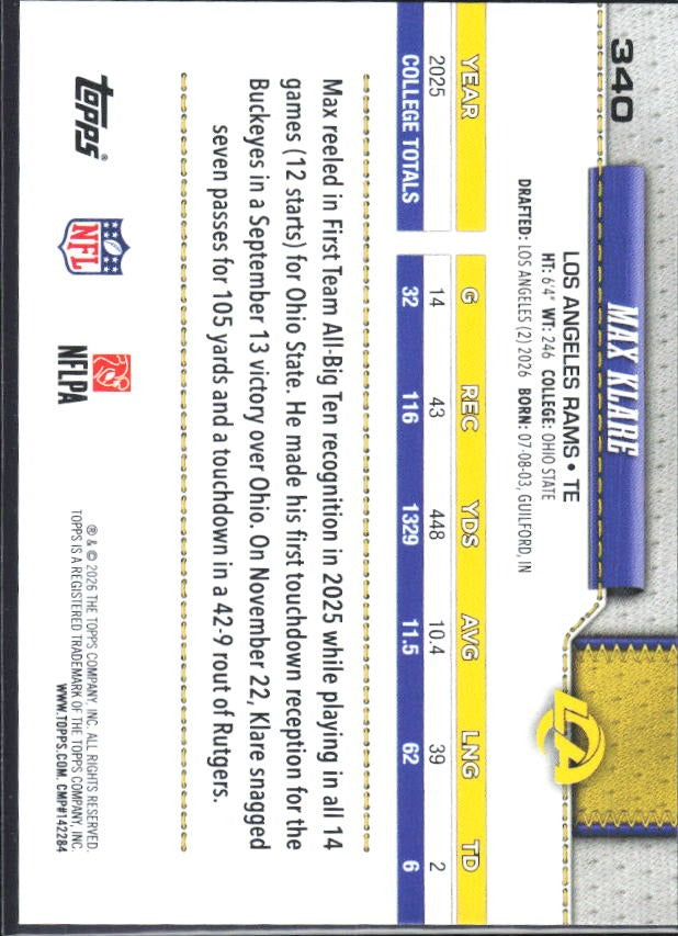 2026 Topps Flagship Football Max Klare RC #340 – baksida