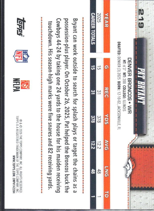2026 Topps Flagship Football Pat Bryant #219 – baksida