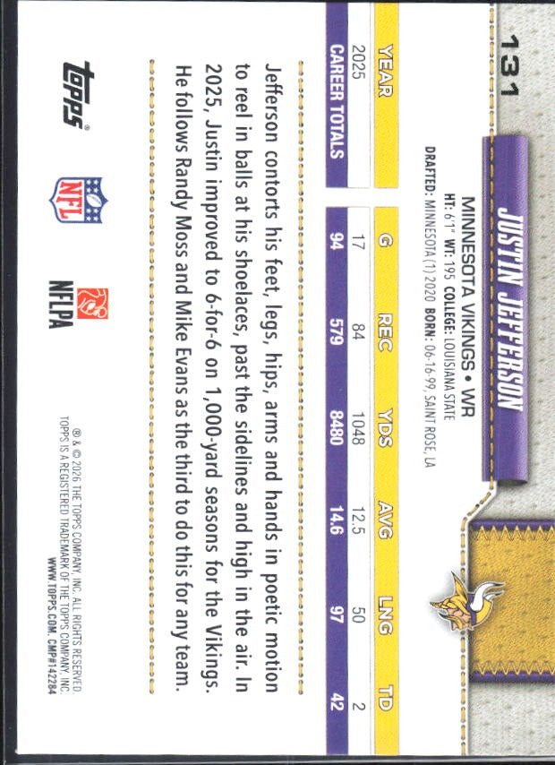 2026 Topps Flagship Football Justin Jefferson #131 – baksida