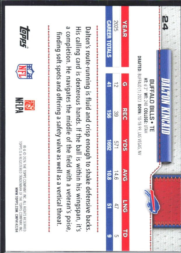 2026 Topps Flagship Football Dalton Kincaid #24 – baksida