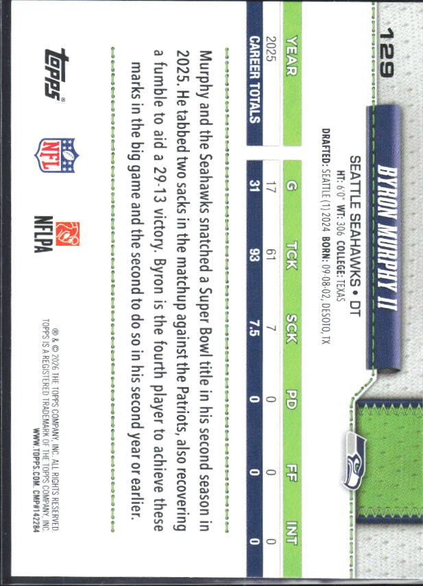 2026 Topps Flagship Football Byron Murphy II #129 – baksida