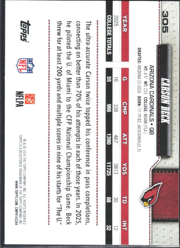 2026 Topps Flagship Football Carson Beck RC #305 – baksida