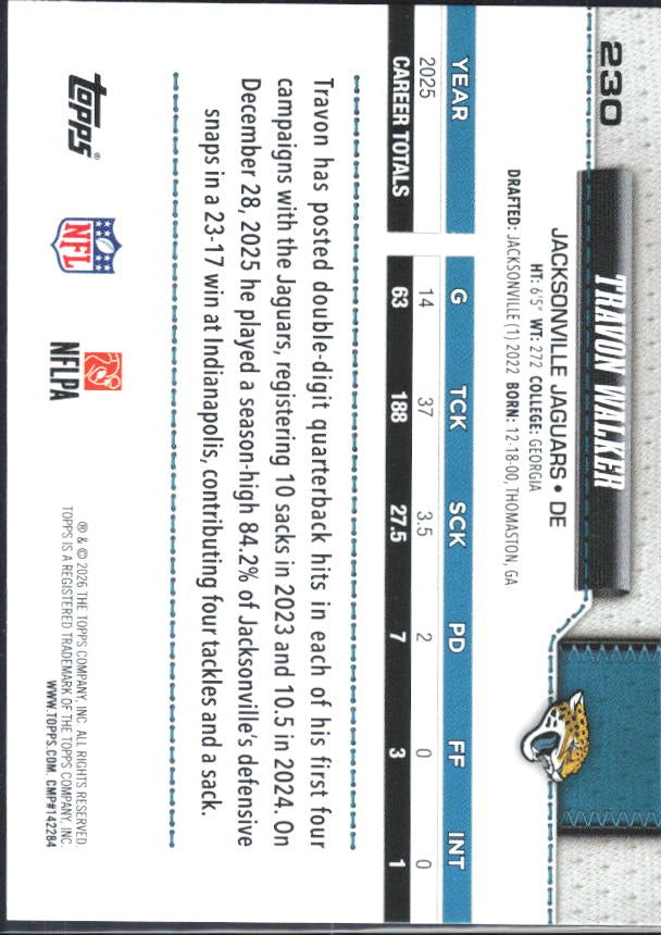 2026 Topps Flagship Football Travon Walker #230 – baksida