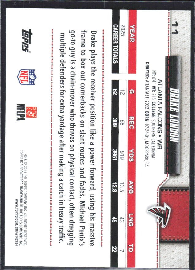 2026 Topps Flagship Football Drake London #11 – baksida