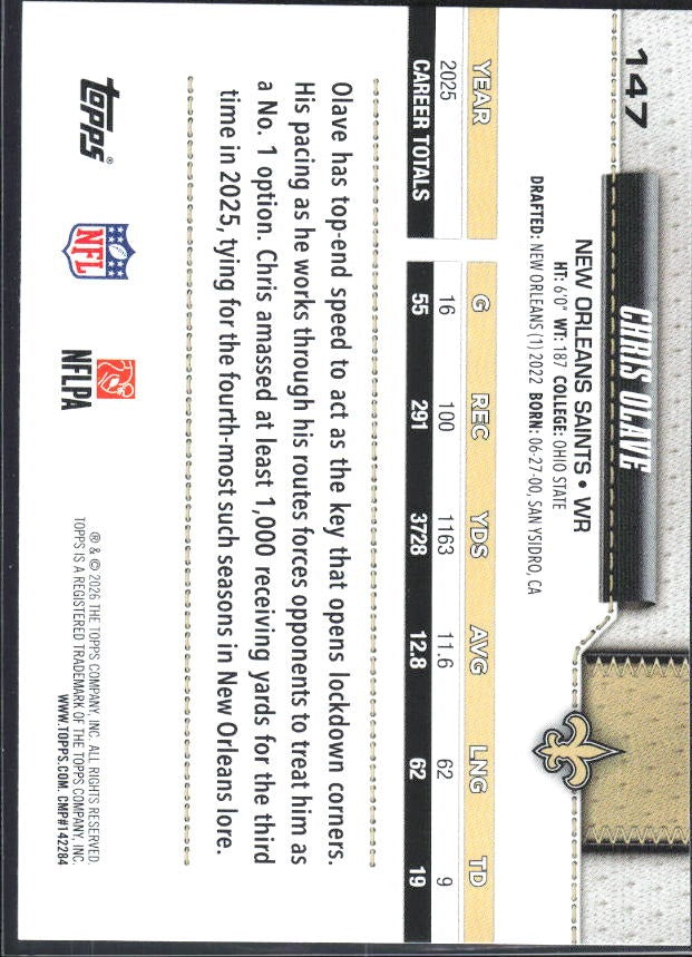 2026 Topps Flagship Football Chris Olave #147 – baksida