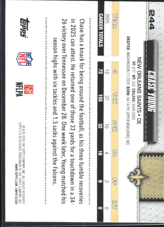 2026 Topps Flagship Football Chase Young #244 – baksida
