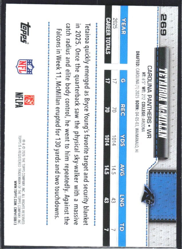 2026 Topps Flagship Football Tetairoa McMillan Future Stars #269 – baksida