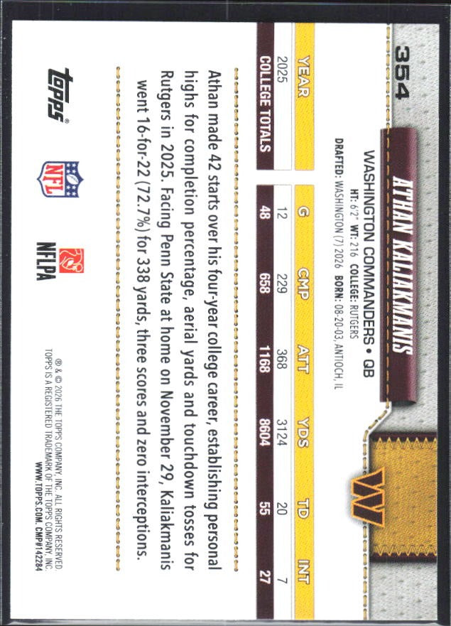 2026 Topps Flagship Football Athan Kaliakmanis RC #354 – baksida