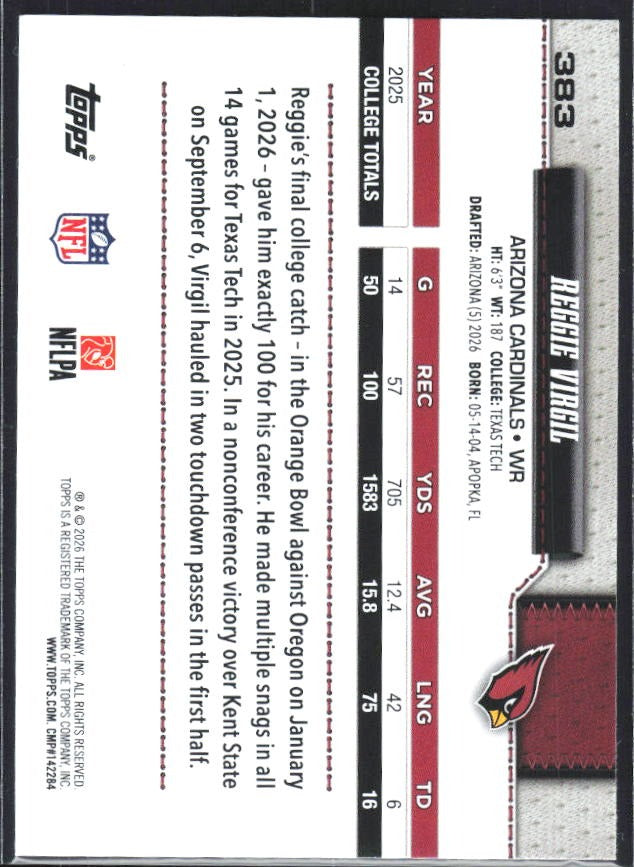 2026 Topps Flagship Football Reggie Virgil RC #383 – baksida