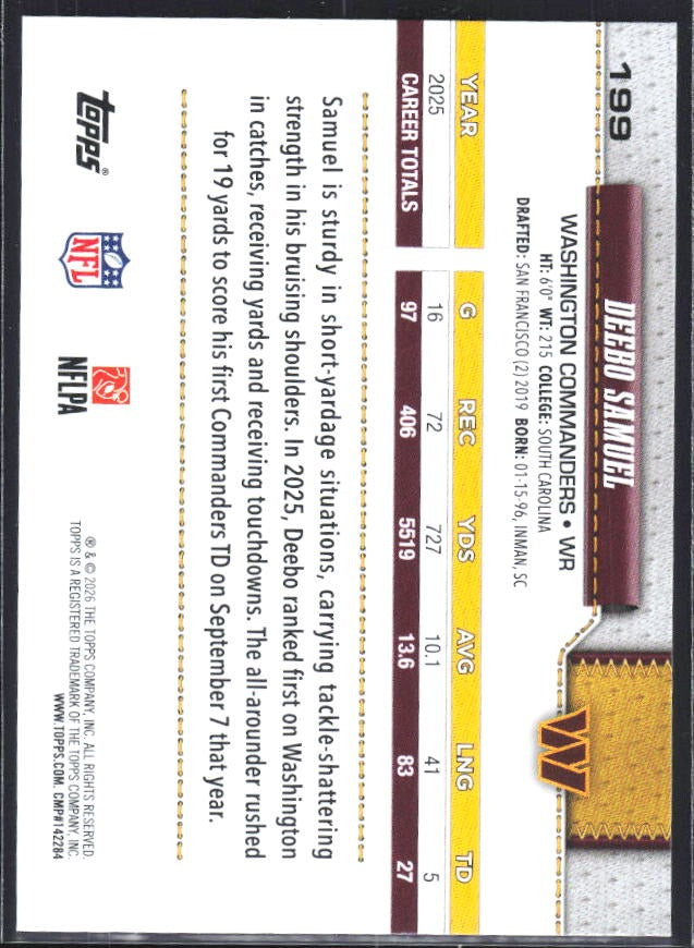2026 Topps Flagship Football Deebo Samuel #199 – baksida