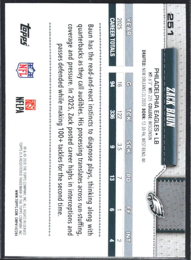 2026 Topps Flagship Football Zack Baun #251 – baksida