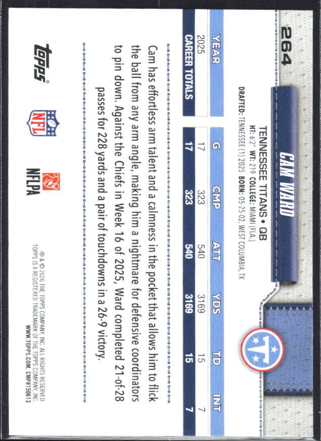 2026 Topps Flagship Football Cam Ward Future Stars #264 – baksida