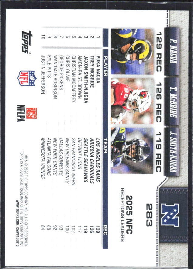 2026 Topps Flagship Football NFC Receiving Leaders (Trey McBride / Puka Nacua / Jaxon Smith-Njigba) #283 – baksida
