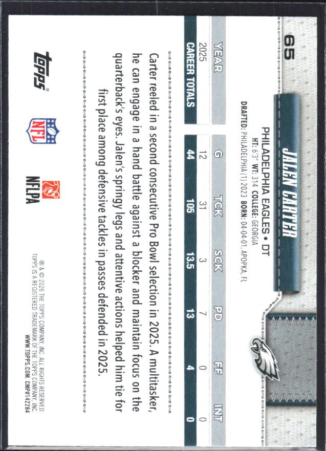 2026 Topps Flagship Football Jalen Carter #65 – baksida