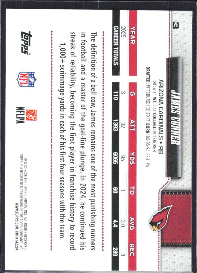 2026 Topps Flagship Football James Conner #3 – baksida