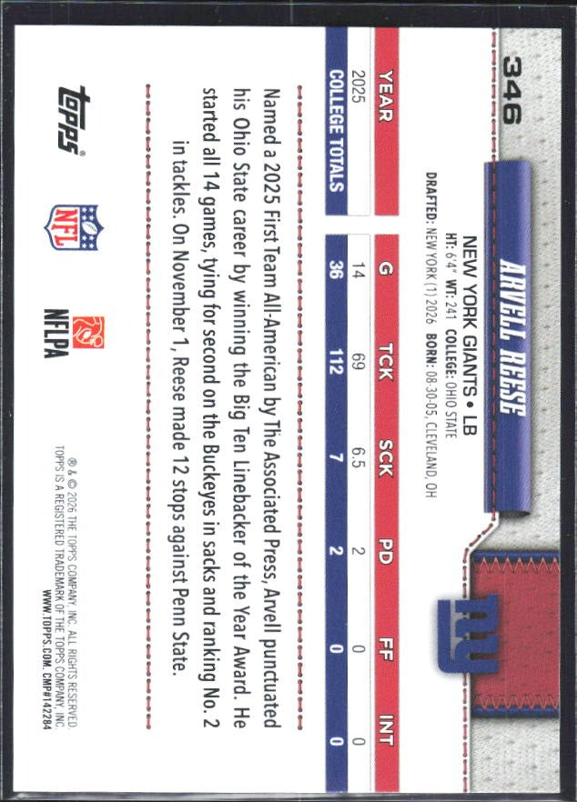 2026 Topps Flagship Football Arvell Reese RC #346 – baksida