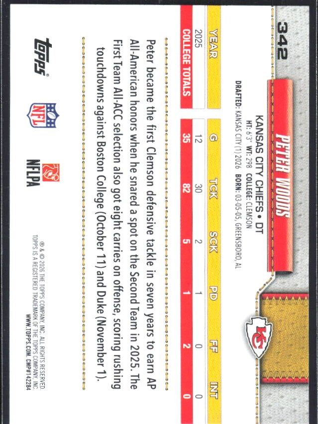 2026 Topps Flagship Football Peter Woods RC #342 – baksida