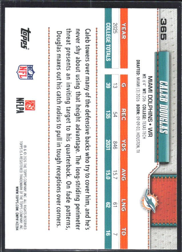 2026 Topps Flagship Football Caleb Douglas RC #365 – baksida