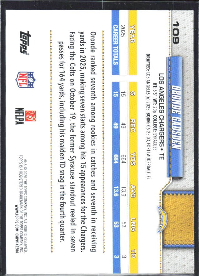 2026 Topps Flagship Football Oronde Gadsden #109 – baksida