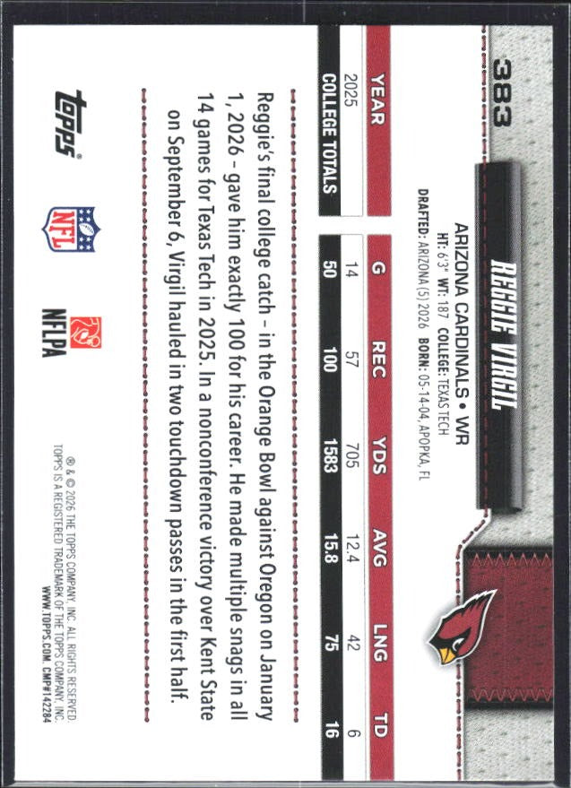 2026 Topps Flagship Football Reggie Virgil RC #383 – baksida