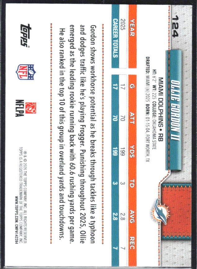 2026 Topps Flagship Football Ollie Gordon II #124 – baksida