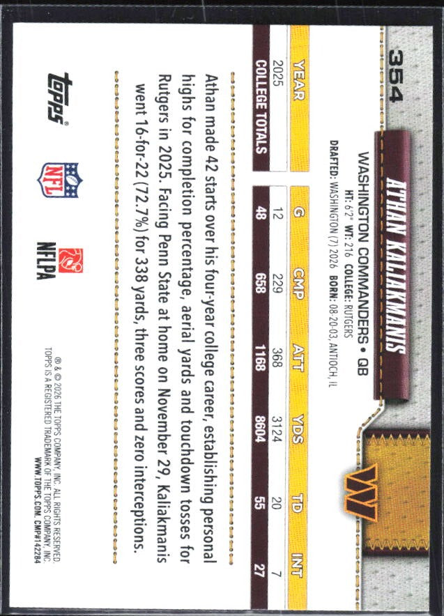 2026 Topps Flagship Football Athan Kaliakmanis RC #354 – baksida