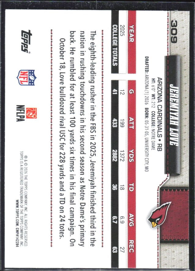 2026 Topps Flagship Football Jeremiyah Love RC #309 – baksida