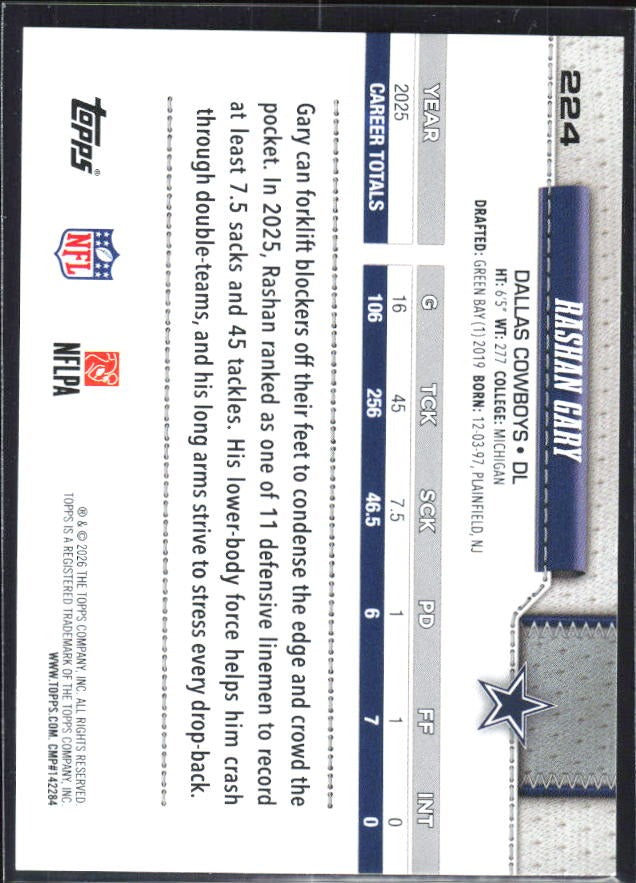 2026 Topps Flagship Football Rashan Gary #224 – baksida