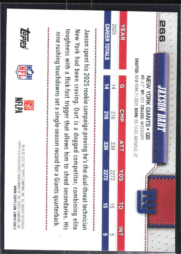 2026 Topps Flagship Football Jaxson Dart Future Stars #266 – baksida