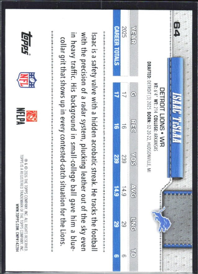 2026 Topps Flagship Football Isaac TeSlaa #64 – baksida