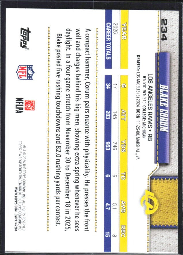2026 Topps Flagship Football Blake Corum #234 – baksida