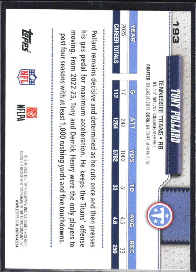 2026 Topps Flagship Football Tony Pollard #193 – baksida