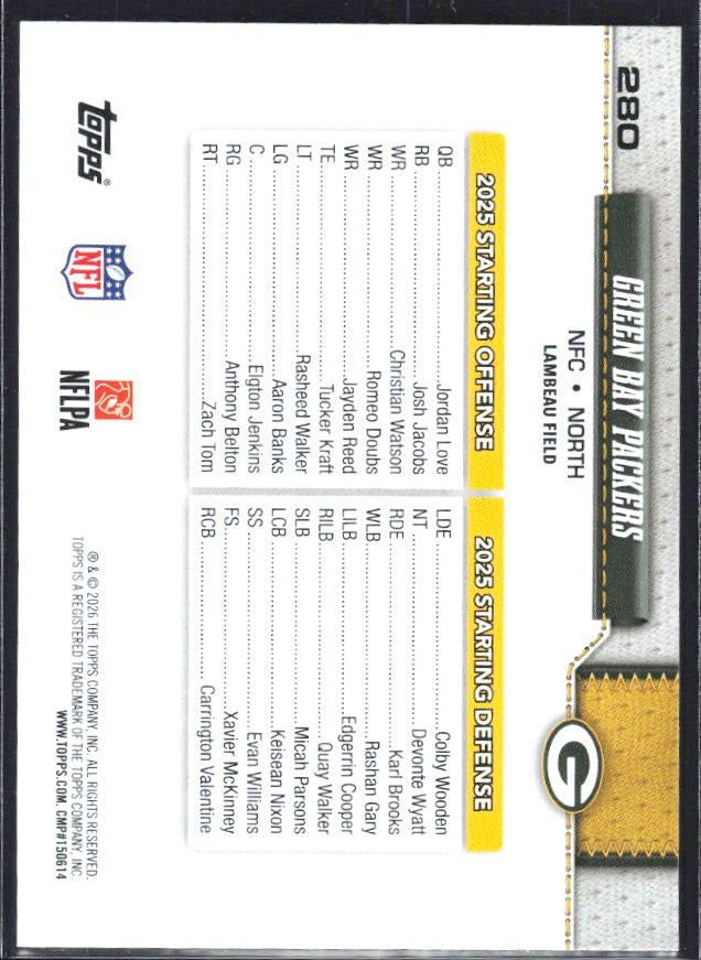 2026 Topps Flagship Football Green Bay Packers #280 – baksida