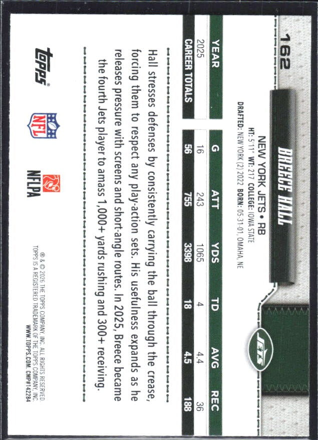 2026 Topps Flagship Football Breece Hall #162 – baksida